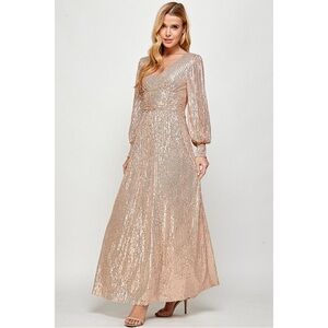 Bohme Shimmering Rose Gold Sequin Long Sleeve Maxi Evening Gown Dress